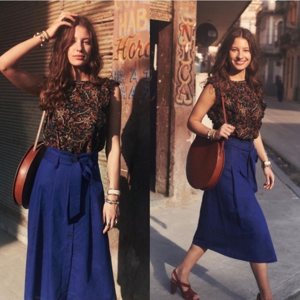 Sezane Amandine Button Front Tie Waist Linen Midi Skirt Blue